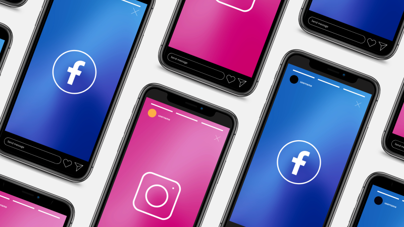 Tiled mobile phones with Facebook and Instagram logos on them.