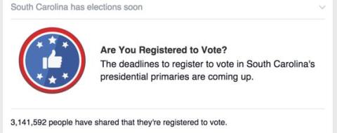 A notification banner with a blue circle featuring white stars and a thumbs-up icon, text reading "South Carolina has elections soon" at the top, and a message below stating "Are You Registered to Vote? The deadlines to register to vote in South Carolina's presidential primaries are coming up." Additional text notes "3,141,592 people have shared that they're registered to vote."
