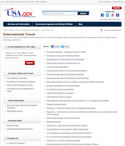 A USA.gov webpage titled "International Travel" offering resources on currency exchange, entry requirements, driver’s licenses, and travel warnings. Sections include in-focus topics like Ebola and travel, featured sites like Passport Card, and a contact option, with a search bar and social media links.