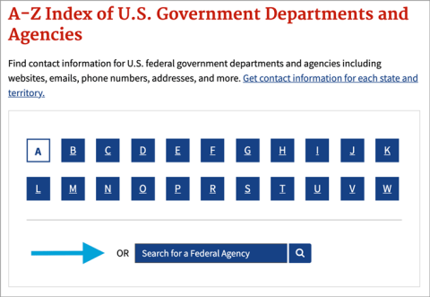 Image of an "A-Z Index of U.S. Government Departments and Agencies" page, featuring an alphabetical index from A to W, a search bar for federal agencies, and text about finding contact information.