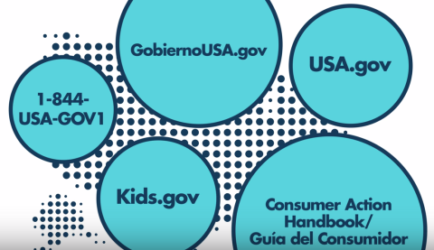 A diagram with five overlapping cyan circles on a white background with a dotted pattern, each containing a different label: "GobiernoUSA.gov," "USA.gov," "1-844-USA-GOV1," "Kids.gov," and "Consumer Action Handbook/ Guía del Consumidor."